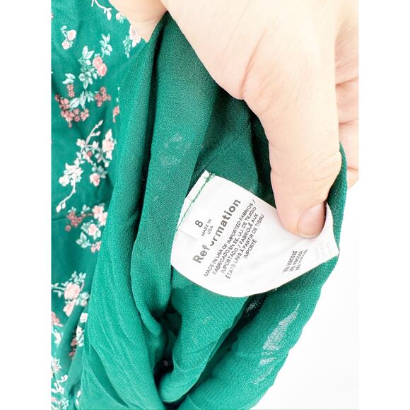 Reformation Juni Green Gathered Floral Print Crepe Long Sleeve Mini Dress Size 8 - Picture 5 of 5